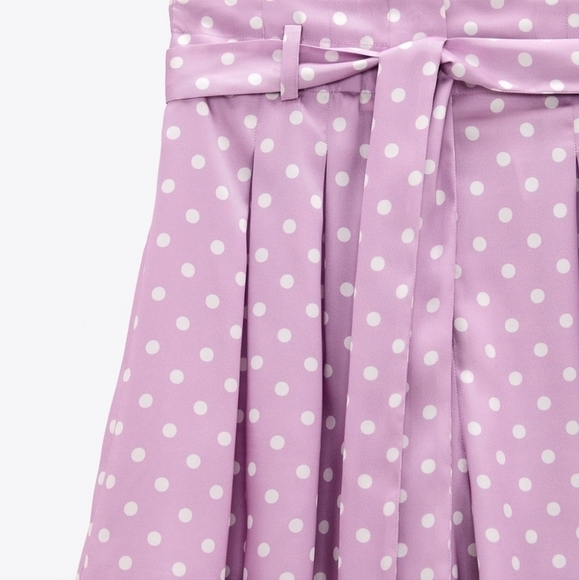 New Zara Polka Dot High Waist Flowy Satin Belted Paperbag Lilac Shorts NWT Small - Picture 3 of 13
